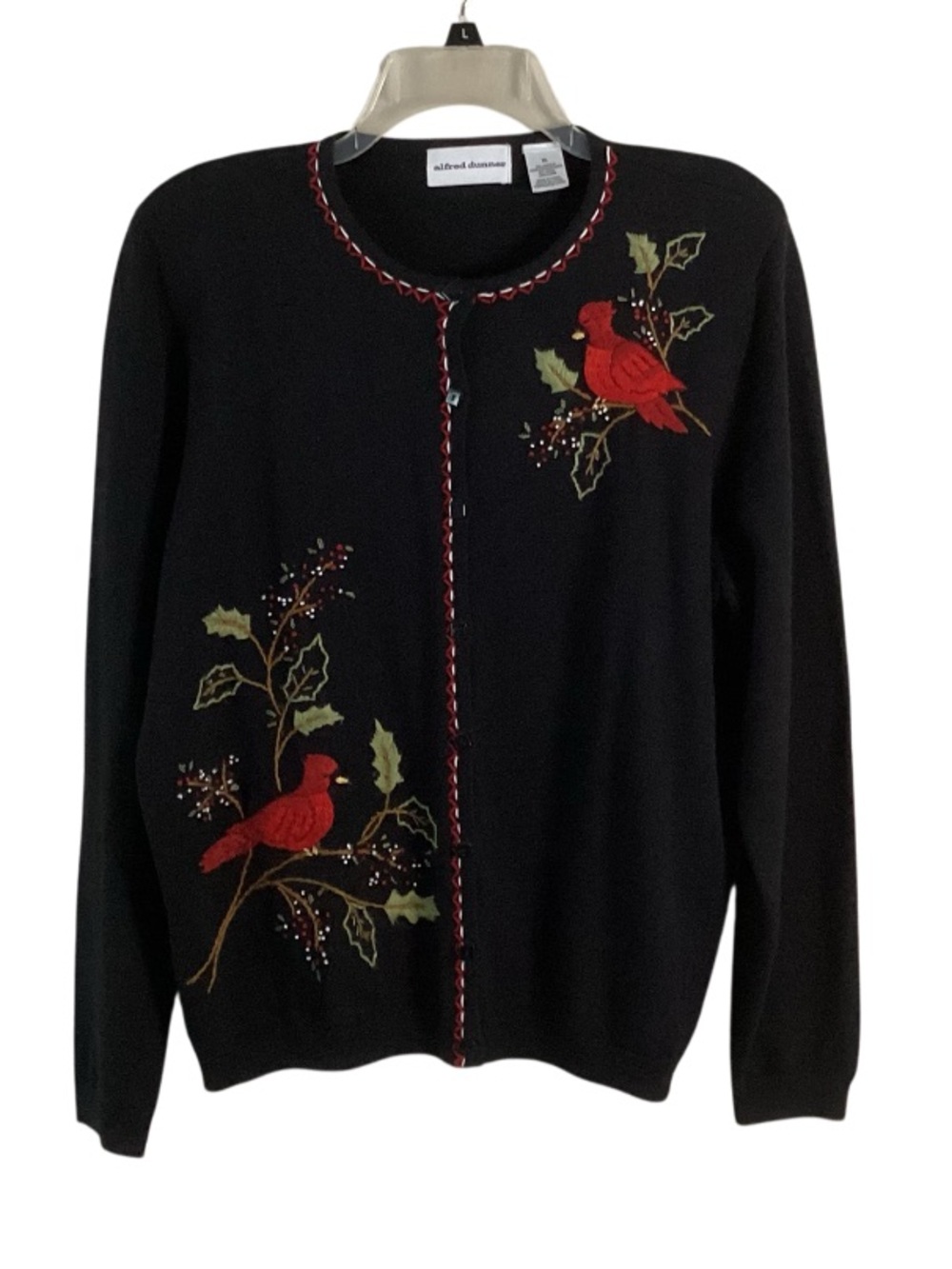 Alfred Dunner Wool Blend Black Cardigan with Red Cardinal Embroidery XL